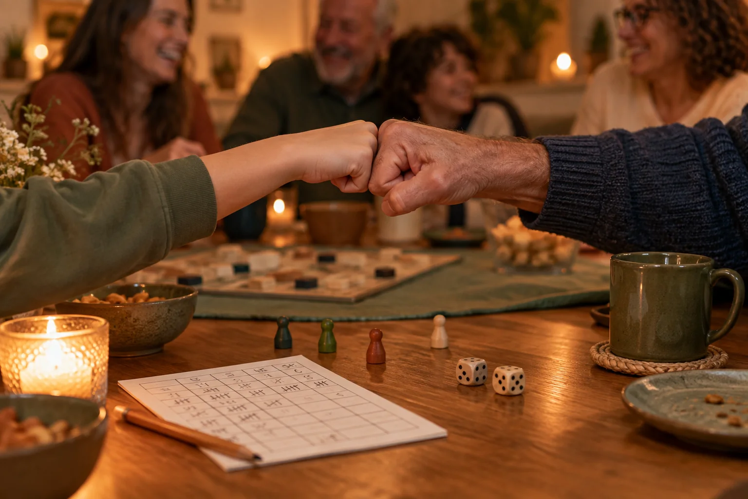 Eine junge und eine ältere Person stoßen nach einer Spielrunde mit den Fäusten an; im Hintergrund sitzt eine lachende Gruppe an einem warm beleuchteten Tisch.